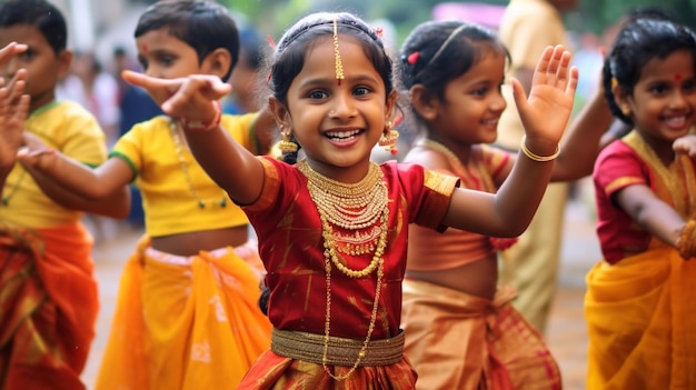 A group of children joyfully participating in the Thumbi Thullal dance a traditional Onam celebrati
