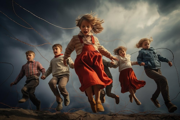 Группа детей прыгает в воздух.