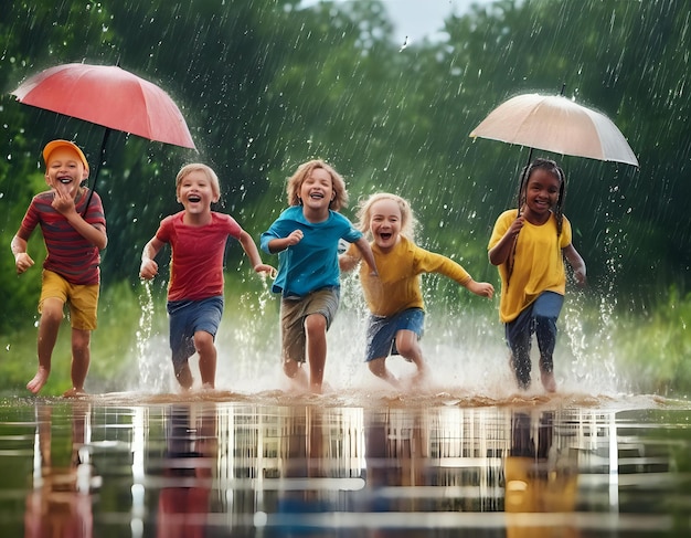 雨の中で笑って遊んでいる子供たちのグループが池に飛び込んでいます