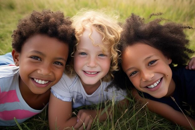 a group of children laying on top of a lush green field