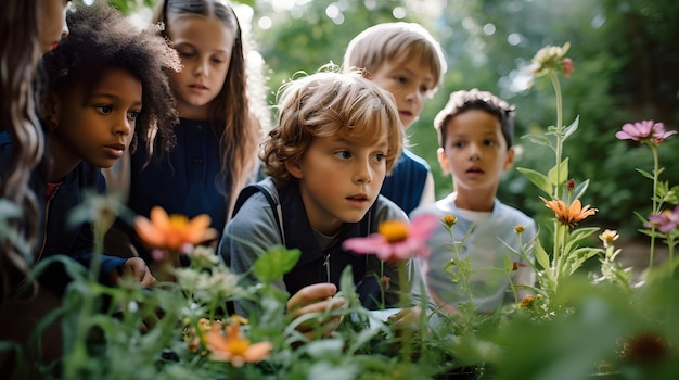 Foto un gruppo di bambini che imparano a conoscere le specie vegetali in un giardino botanico istruzione sulla biodiversità