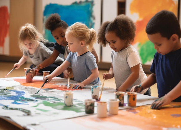 一緒に絵を描いたり、芸術を創作したりする子供たちのグループ