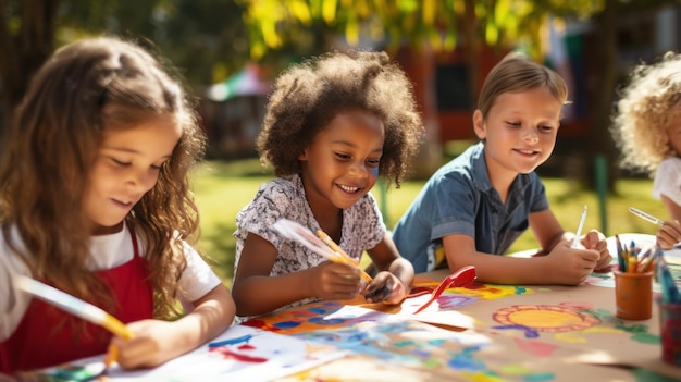 Group of children painting outdoors on a sunny day