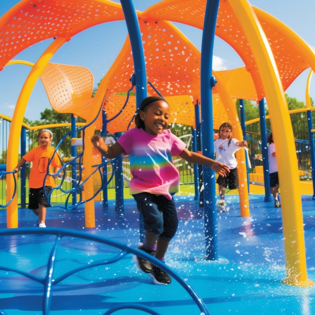 A group of children play in a playground with a yellow and orange structure that says " the word " on it.