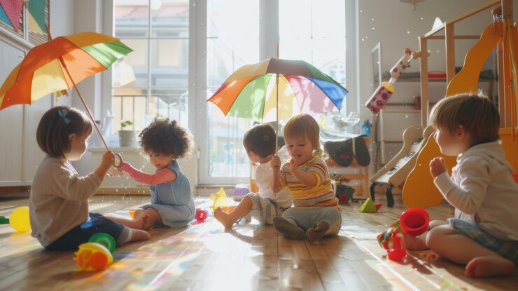 Photo 子供たちのグループが明るく晴れた部屋で色とりどりのおもちゃと傘で遊んで幸せと子供時代の喜びを放射しています