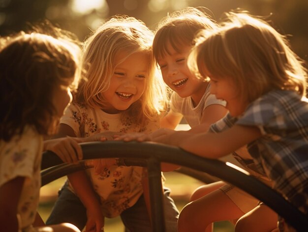 A group of children play with a wheel