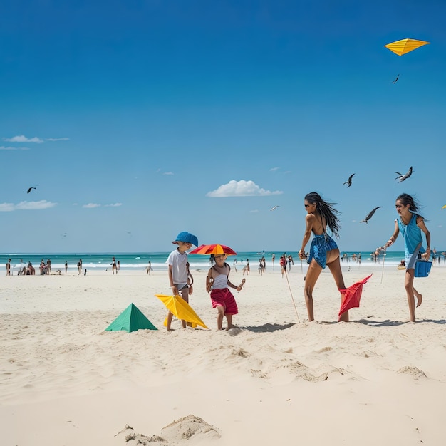 A group of children playing on beach with kites