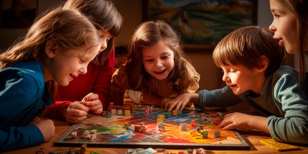 group of children playing board games around a table AI generative