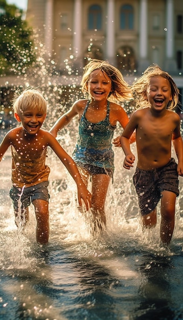 A group of children playing in a fountain on a hot summer day