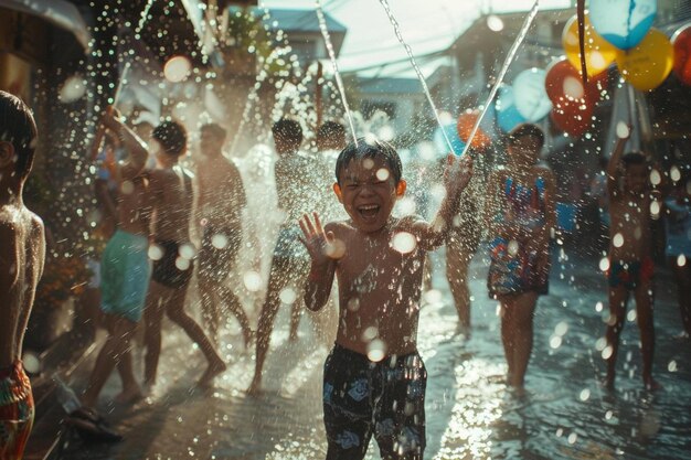 水の噴水で遊んでいる子供たちのグループ