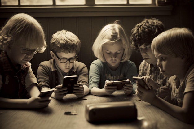 Photo a group of children playing games with one of them holding a phone