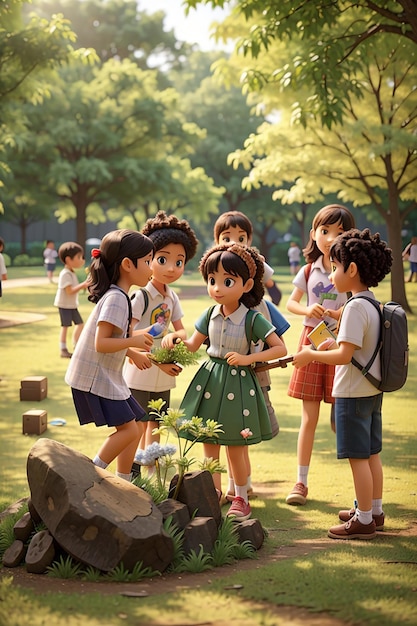 自然と環境について学ぶ公園で遊んでいる子供たちのグループ