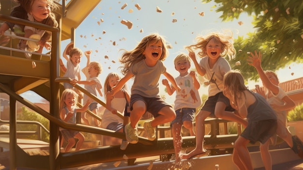 a group of children playing on a slide with the words " the word " on it.