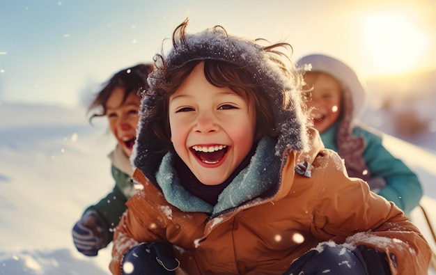 Group of children playing in the snow with smile on their face Generative AI