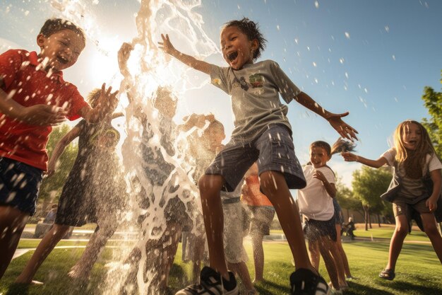 Foto un gruppo di bambini che giocano in una fontana spruzzata