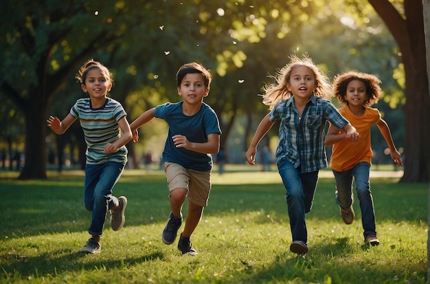 Photo group of children playing tag in a park