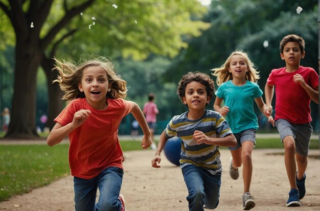 Photo group of children playing tag in a park