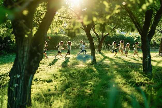 A group of children playing tag in a sunny park their laughter echoing as they chase each other arou