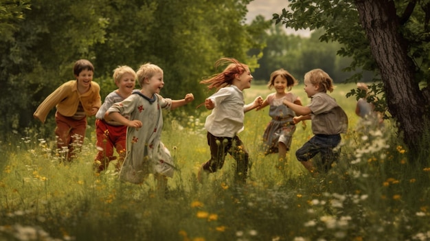 A group of children playing tag