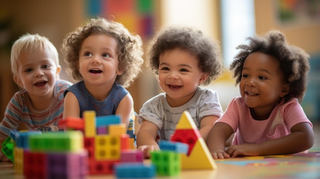 Photo a group of children playing together and building with wooden blocks