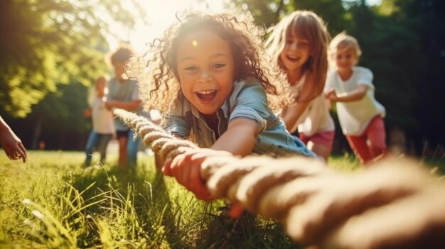 a group of children playing tug rope in a park