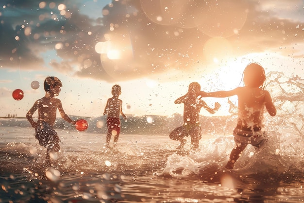 A group of children playing in the water with a red ball