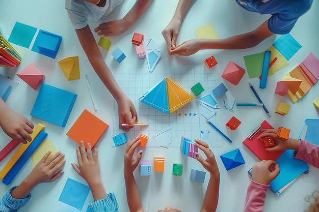 다채로운 블록 과 자석 을 가지고 테이블 에서 놀고 있는 한 무리의 아이 들