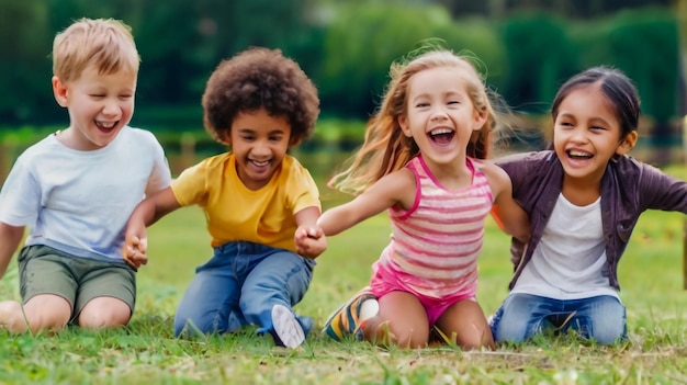 黄色いシャツを着た1人と遊んでいる子供たちのグループ