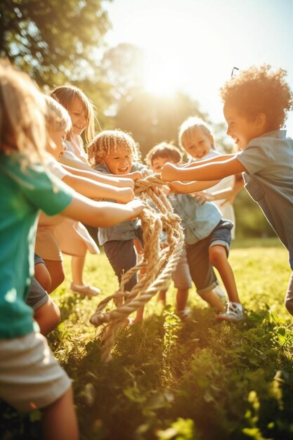 a group of children playing with a rope