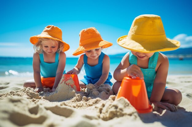 Foto gruppo di bambini che giocano con la sabbia sulla spiaggia in un giorno d'estate soleggiato