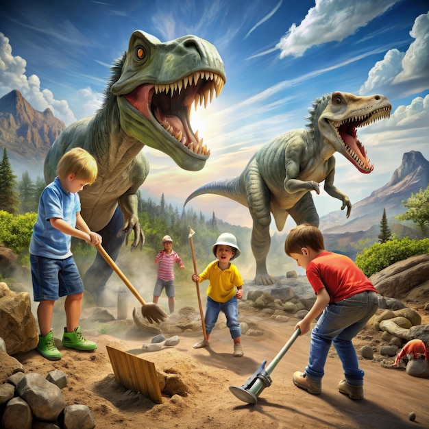 a group of children playing with a shovel and a dinosaur