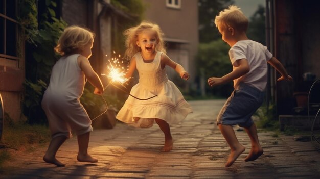 A group of children playing with sparklers on a brick road.