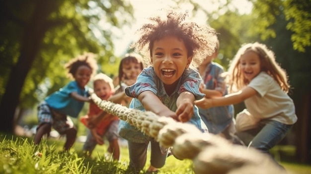 Foto un gruppo di bambini che giocano con un giocattolo nell'erba