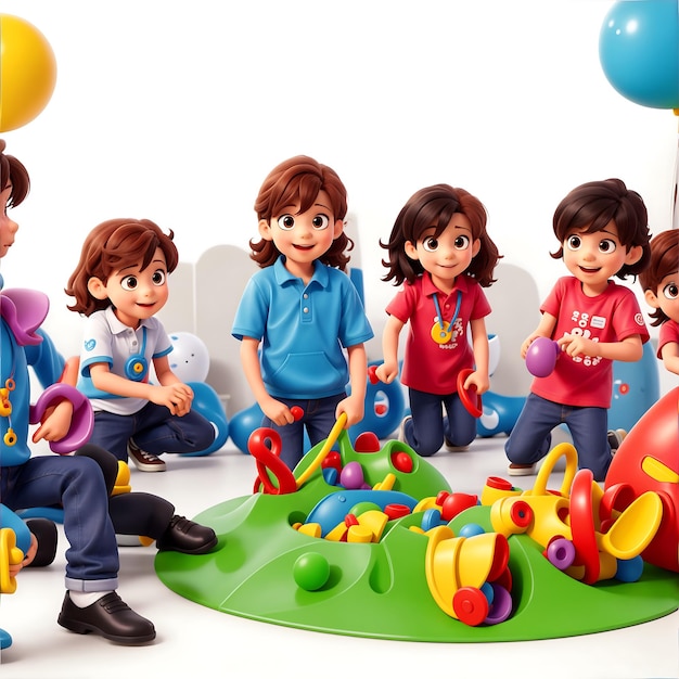 a group of children playing with toys and balloons.