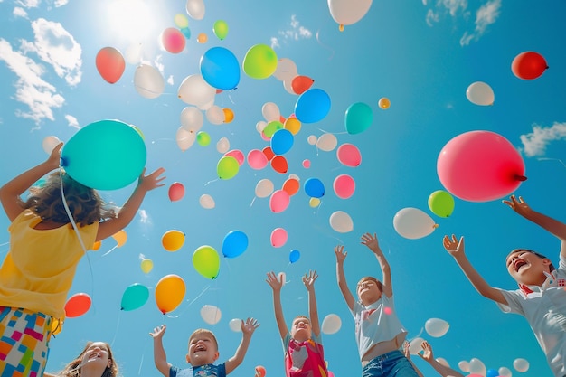 Photo a group of children releasing colorful balloons in
