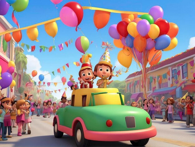 A group of children riding in a car with balloons in the air