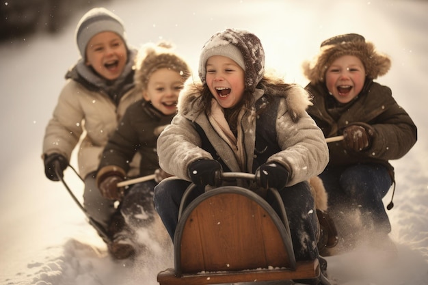 A group of children riding on a sled in the snow