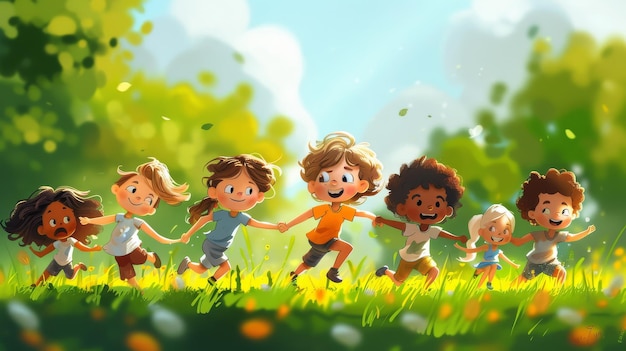 Группа детей бежит по пышному зеленому полю