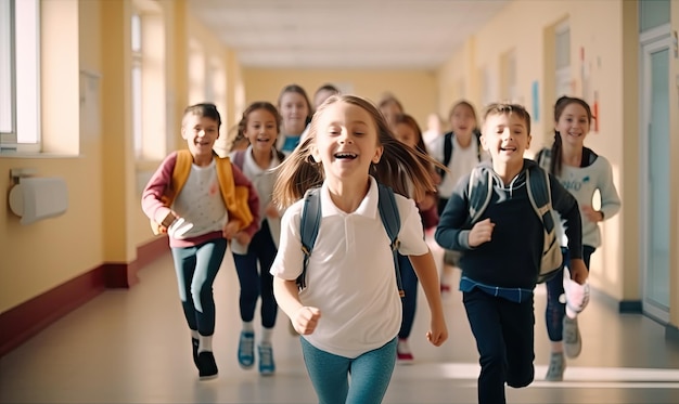 Foto un gruppo di bambini che corrono lungo un corridoio