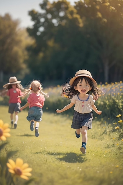 A group of children running in a field of flowers.