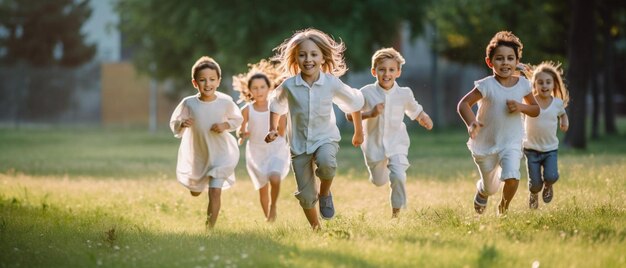 a group of children running in a field