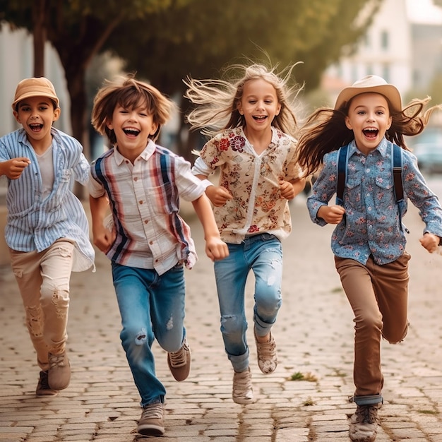 a group of children running in the field