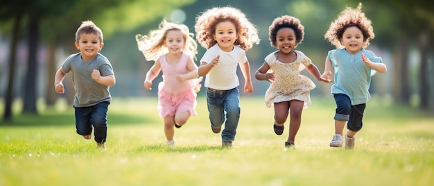 a group of children running in a park