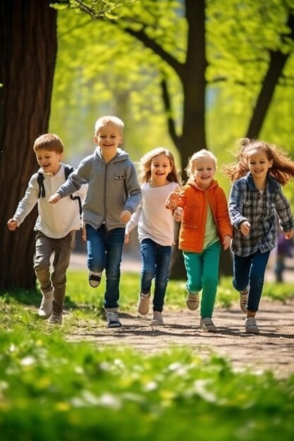 group of children running in the park