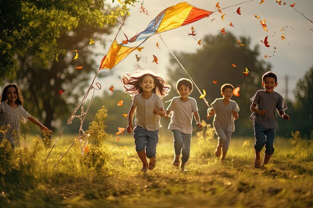 A group of children running through a field with a kite