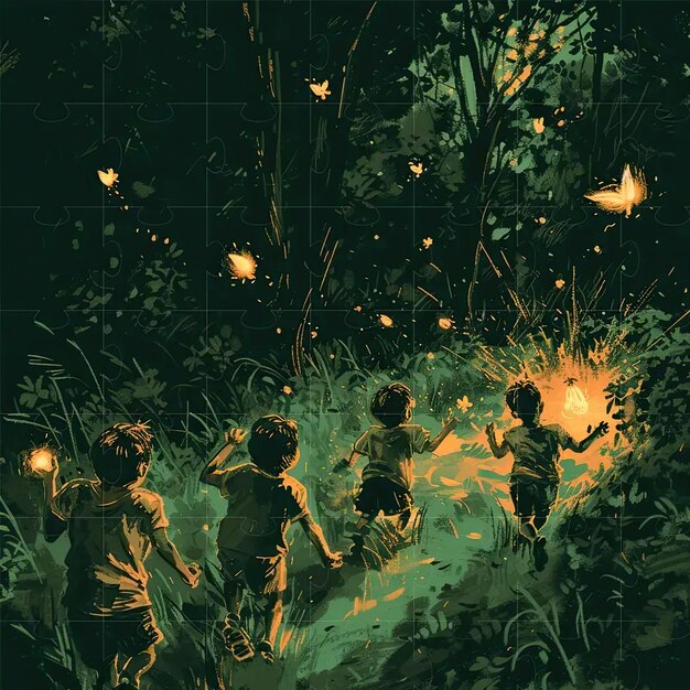 Photo a group of children running through a forest at night