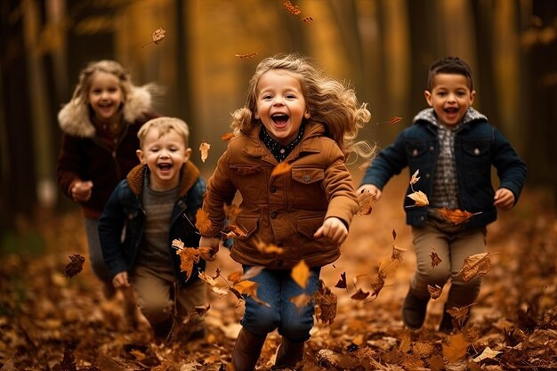 葉っぱで満たされた森を走る子供たちのグループ