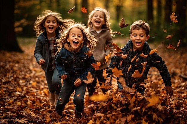 A group of children running through a leaf filled forest