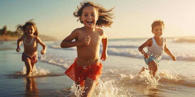 Foto un gruppo di bambini che corrono in acqua sulla spiaggia