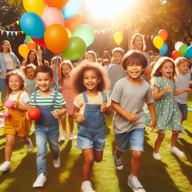 a group of children running with balloons and a banner that says quot the word quot on it